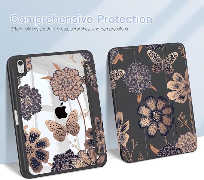 Teryeefi for iPad (A16) 11 inch Case 2025 /iPad 10th Generation 10.9 inch 2022 with Pencil Holder Trifold Stand with Soft TPU + PC Transparent Hard Shell Back Cover Butterflies Flowers