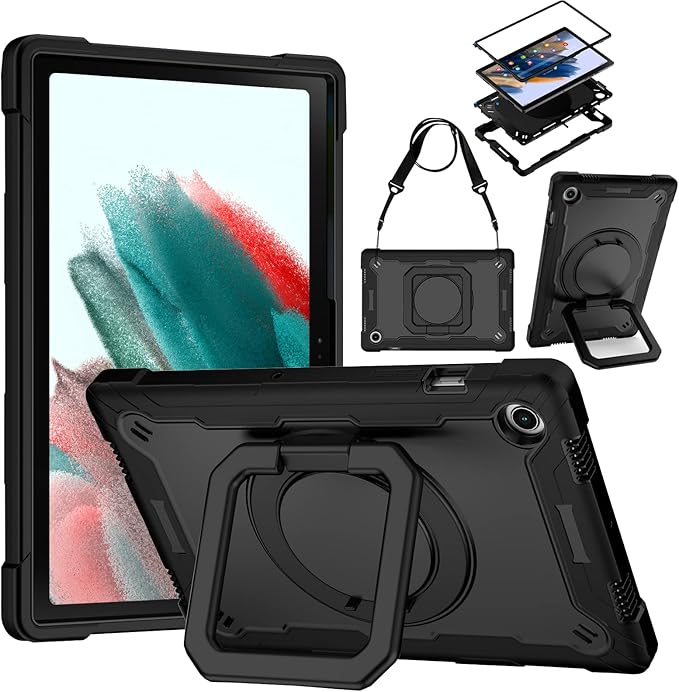 DETUOSI Galaxy Tab A8 Case - Shockproof with 360 Stand &amp Strap Heavy Duty for SM-X200/X205/X207 Black