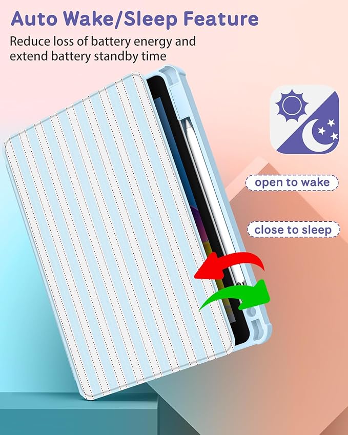 for iPad A16 Case for iPad 10th Generation Case 10.9 inch - 360 Degree Rotating Stand Folio Smart Cover with Pencil Holder for Women Girls Blue &amp White Stripes for Apple 10th 2022/11th 2025