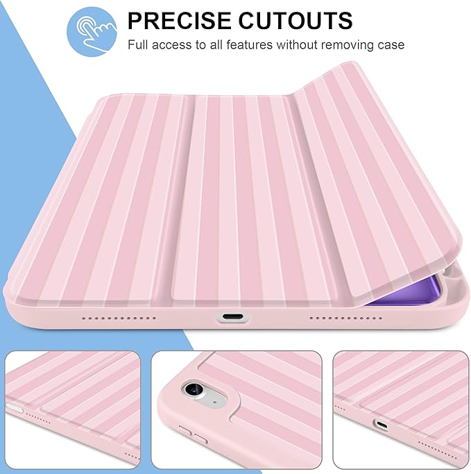 MecBevia Case for iPad Air 11-inch M4 2026 / M3 2025 / M2 2024 Slim Protective Cover with Built-in Pencil Holder Auto Wake/Sleep Pink Stripes