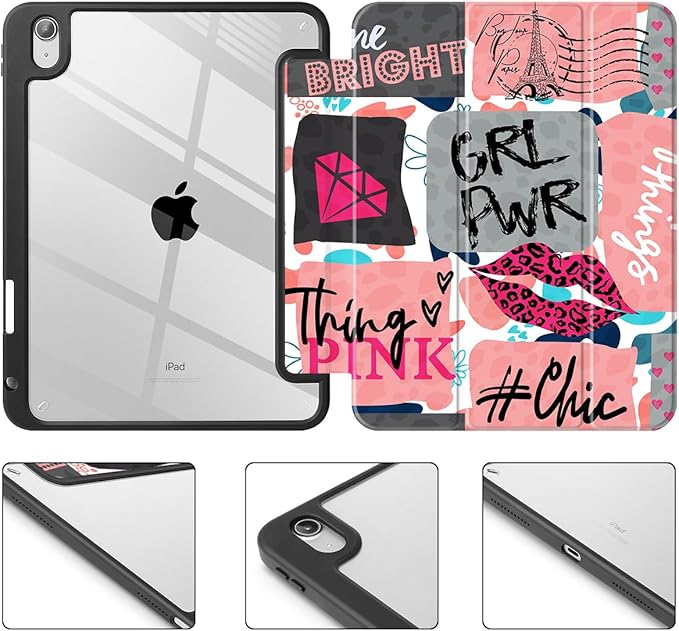 Case for iPad (A16) 11th Gen 11 Inch 2025 iPad 10th Gen 10.9 inch 2022 with Pencil Holder Slim Printed Stand Protective Cover with Hard PC Translucent Back Shell Cover Girly Graffiti