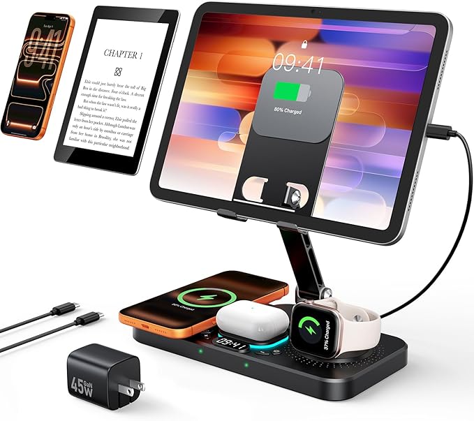45W 6 in 1 Charging Station for Apple Multiple Devices with Clock &amp Light 20W Fast Foldable Wired Charging Stand for iPad/Tab Wireless Charger Design for MagSafe Charger for iPhone 17/iWatch/Air