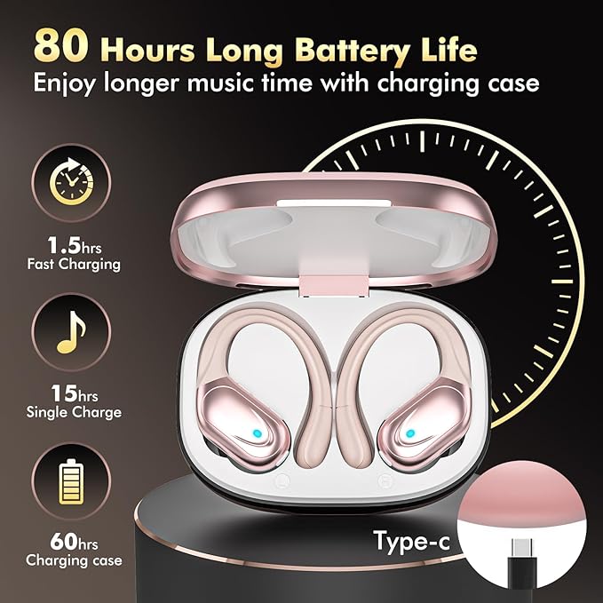 Wireless Earbuds Sports Bluetooth Headphones 80Hrs Playtime Ear Buds with LED Power Display Noise Canceling Headset IPX7 Waterproof Earphones for Workout/Running（Rose Gold）