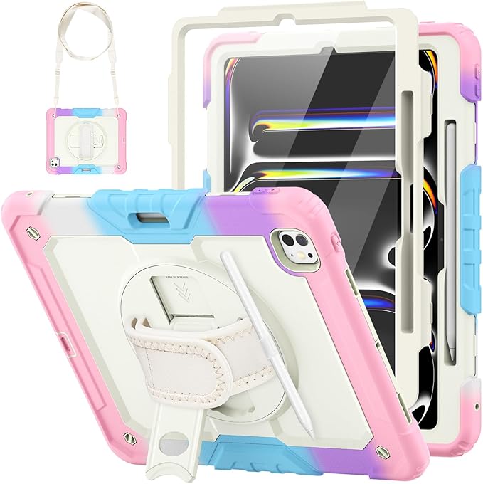 HXCASEAC for iPad Pro 13 Inch Case (M5/M4) 2025/2024 Shockproof Design with Pencil Holder Protector Rotating Stand Hand Strap Heavy Duty Protective iPad Pro13 Cover A3360 A2925 Rainbow Pink