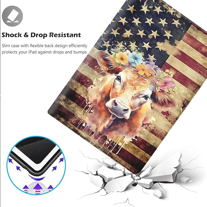 Case for iPad 10.2-Inch (2021/2020/2019 Model9/8/7 Generation)Adjustable Stand Auto Wake/Sleep Function Full Body Protection Cover - American Flag Cow