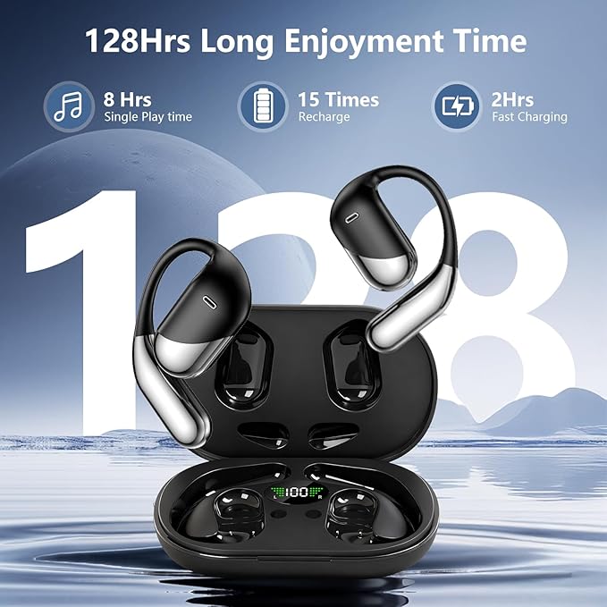 Open Ear Clip Wireless Earbuds Bone Conduction Headphones Bluetooth 5.4 Open Ear Design for Running FitnessofficeBuilt-in Mic IPX7 Waterproof LED Display Charging CaseEar Hooks Ear Buds