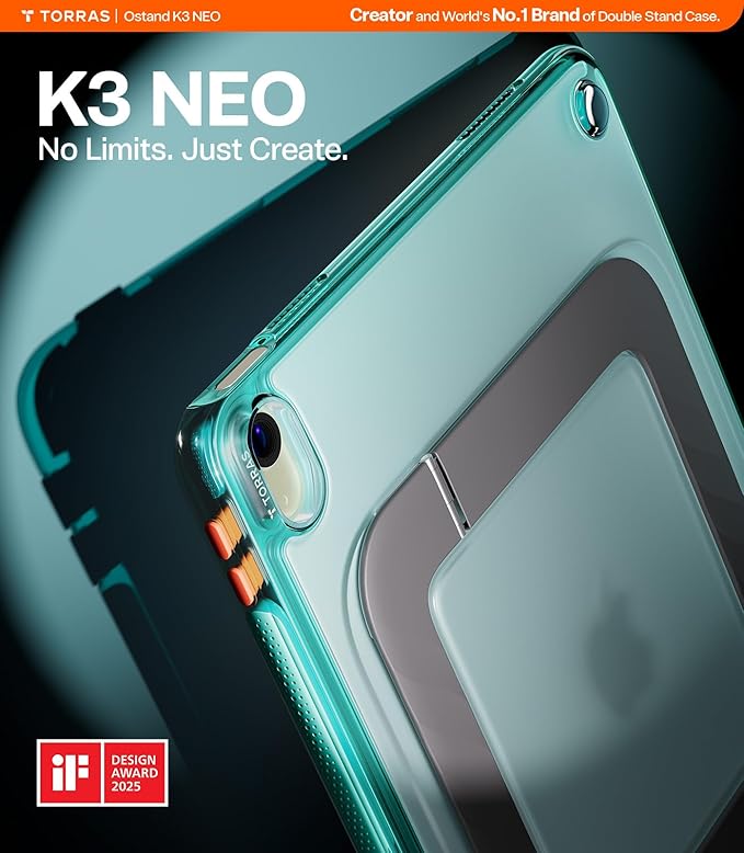 TORRAS Ostand K3 Neo for iPad Air 11 Inch Case (M4 2026 M3 2025 M2 2024) Viewing Angles AdjustableUltra Stable Stand Shockproof Protective Slim Kickstand Case with Pencil Holder Glacier Sprint
