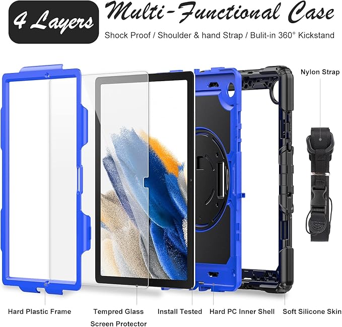 Case for Samsung Galaxy Tab A8 5G Tablet Case 10.5 inch [with Tempered Glass Screen Protector] Rotatable Kickstand S Pen Holder Hand/Shoulder Strap (Blue)