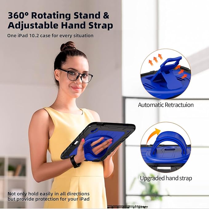 for iPad (A16) 11th/10th Generation Case 2025/2022 (11″/10.9″) Sturdy Heavy Duty Full-Body Shockproof Protective Case with Screen Protector Rotating Stand Hand/Shoulder Strap-Black+Dark Blue