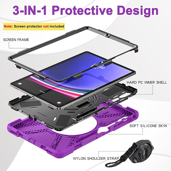 BRAECN for Samsung Galaxy Tab S10+ Plus/S9+/S9 FE + /S8+ Plus/S7 +Plus /S7 FE 12.4 InchHeavy Duty Shockproof Case with S Pen Holder&amp360 Rotating Hand Strap/Kickstand/Shoulder Strap -Purple