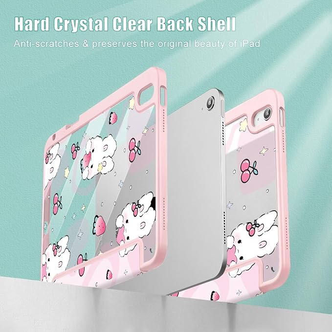 Case for iPad Air 11'' (M4 2026/M3 2025/M2 2024)/ iPad Air 10.9'' Air 5th /4th Gen Shockproof Cover with Clear Back Shell &amp Penceil Holder Auto Wake/Sleep Stand Cover Rabbit &amp Strawberry