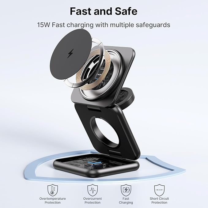 3 in 1 Charging Station for Apple Multiple Devices Zinc Alloy Foldable Travel Wireless Charging pad for Mag-Safe Wireless Charger Stand for iPhone 17 16 15 14 13 12 Apple Watch Airpods
