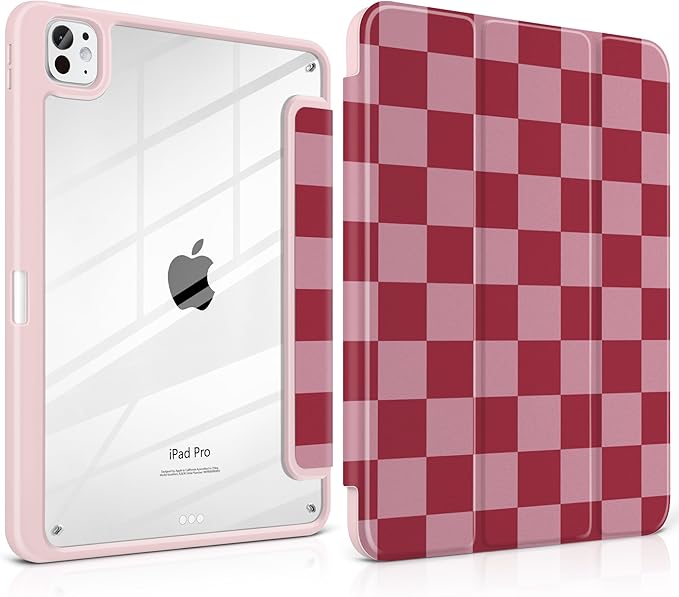 TWOLSKOO Case for iPad Pro 11-inch (M5 2025 / M4 2024) Clear Acrylic Back with TPU Bumper Pencil Holder Trifold Stand Auto Sleep/Wake Pink Checkerboard