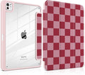 TWOLSKOO Case for iPad Pro 11-inch (M5 2025 / M4 2024) Clear Acrylic Back with TPU Bumper Pencil Holder Trifold Stand Auto Sleep/Wake Pink Checkerboard