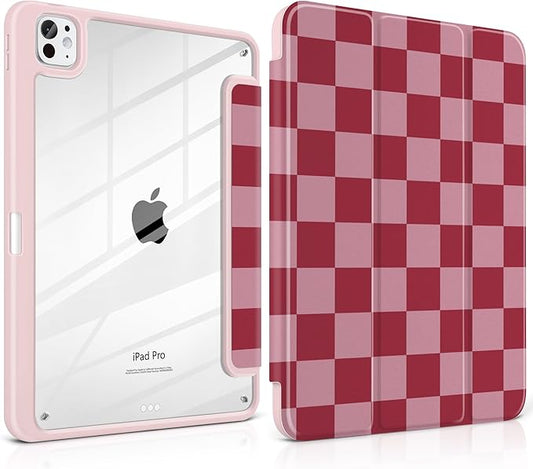 TWOLSKOO Case for iPad Pro 11-inch (M5 2025 / M4 2024) Clear Acrylic Back with TPU Bumper Pencil Holder Trifold Stand Auto Sleep/Wake Pink Checkerboard