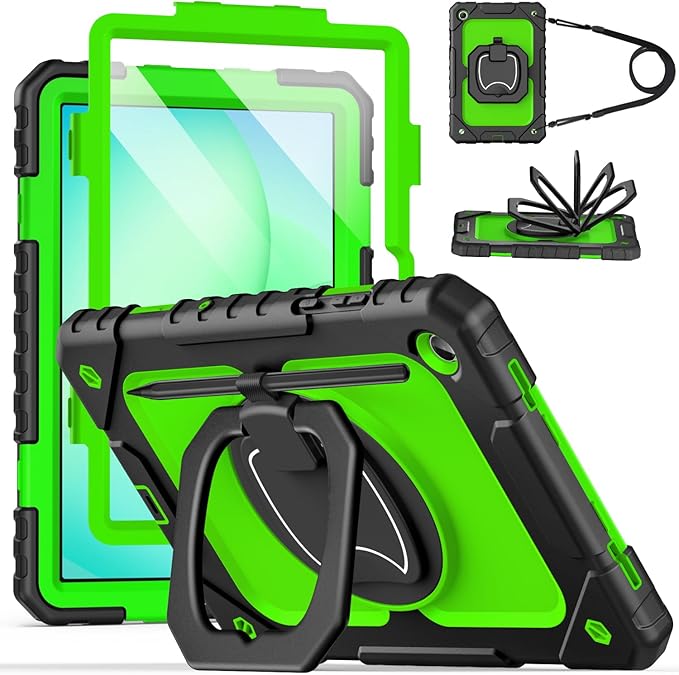 Cantis Case for Samsung Galaxy Tab A11 Plus 11 Inch 2026 (SM-X230/X236/X238) Shockproof Case for Tab A11+ with Screen Protector/Rotating Stand/Pen Holder/Shoulder Strap (Black+Green)