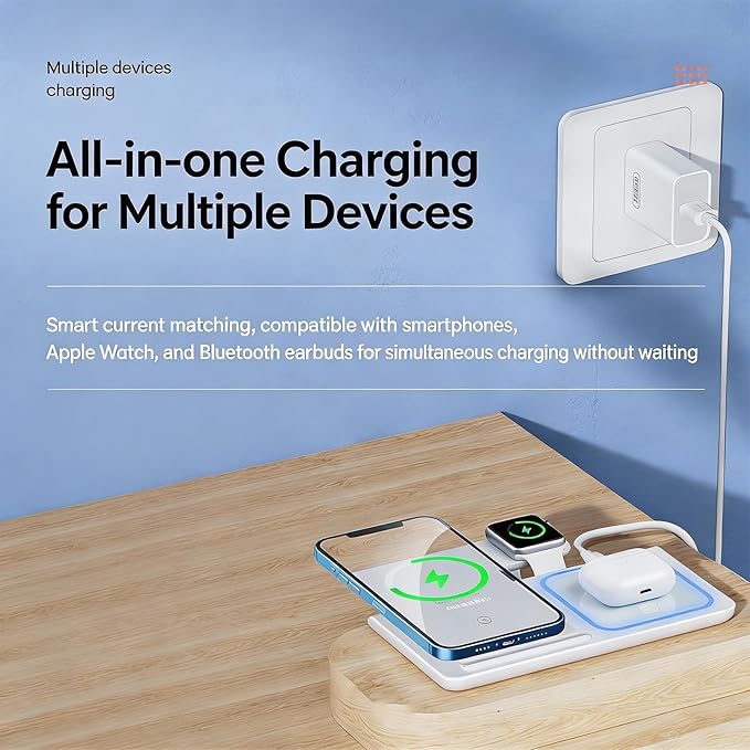 3-in-1 Foldable Wireless Charger with Night Light - 15W Fast Wireless Charger for Simultaneous Charging of Phone Watch &amp Earbuds Compatible with All Qi-Certified DevicesX455 White.