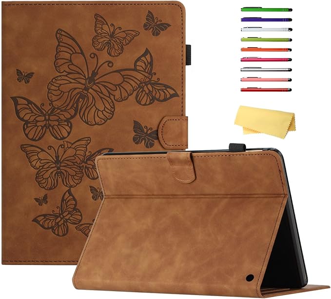 Case for Amazon Kindle Fire HD 8 &amp Fire HD 8 Plus (12th/10th Gen 2024/2022/2020) 8 with Stand/Pencil Holder [Auto Sleep/Wake] UUcovers Embossed Magneic Smart Folio Cover Brown Butterfly