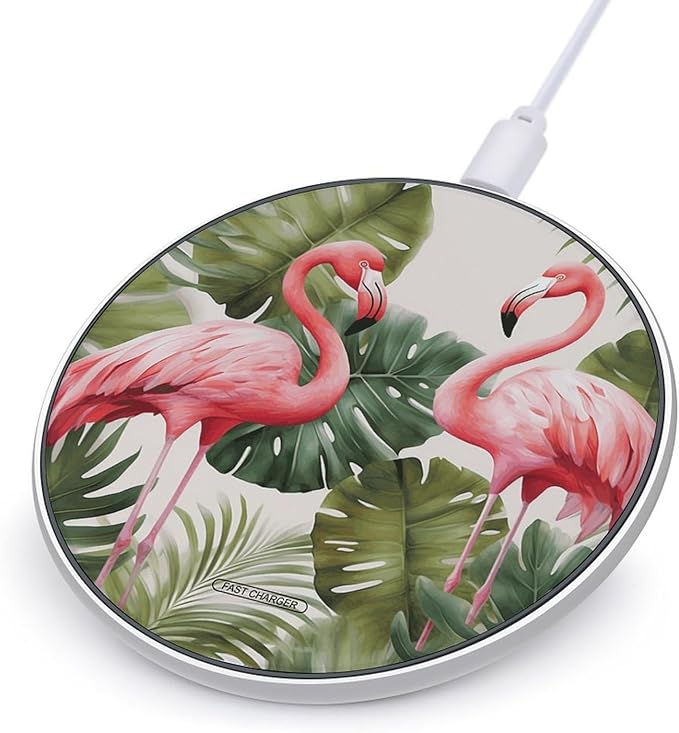 Flamingo Palm Trees Leaf Wireless Charger Fast Wireless Charging Pad with USB Cable 10W Anti-Slip Magnetic Wireless Charger Portable Slim Charger Puck Travel Charging Station