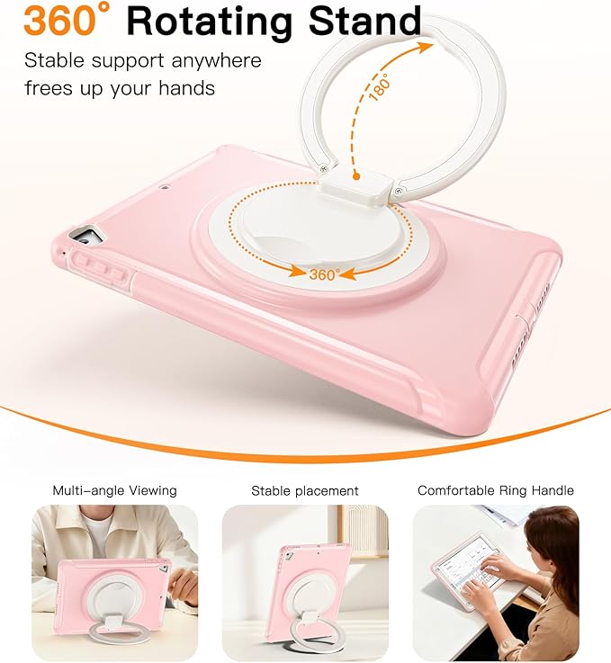 BATYUE Case for iPad 6th Generation 9.7 inch 2018 iPad 5th Gen 2017 iPad Air 2/ iPad Pro 9.7''Shockproof Protective Cover with Pencil Holder &ampRotating Kickstandfor KidsGirls (Cheery Pink)
