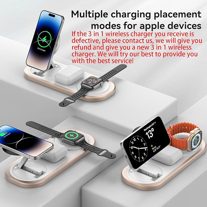 3 in 1 Fast Wireless Charger Stand for iPhone Foldable Travel Charging Station for Magsafe for iPhone 17/Air/16/15/14/13/12 Series Apple Watch Series AirPods pro/2/3/4 Gifts for Women Men (Golden)