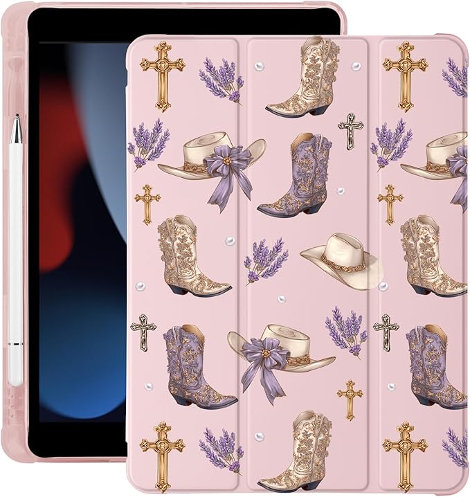 Western Cowgirl Boots Hat Cross for iPad Pro 13 Inch Case (M5/M4) 2025/2024 with Pencil Holder Auto Sleep/Wake Pink Leather Soft TPU Back Cover