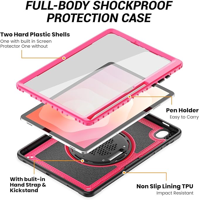 Case for Samsung Galaxy Tab S10 Lite / S10 FE / S9 FE 5G / S9 Tablet Case 10.9''/ 11'' with Screen Protector Pen Holder 360°Rotate Hand Strap/Stand Shoulder Strap Rose Red