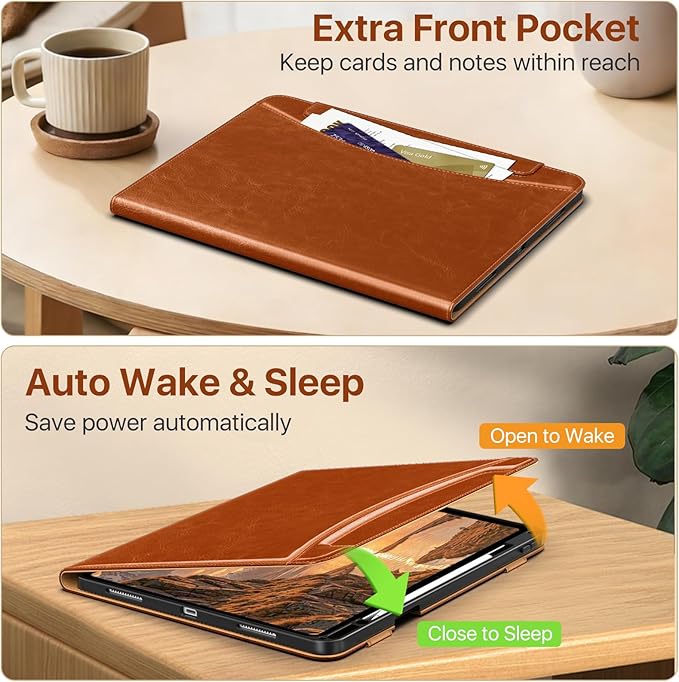 MoKo Case for iPad Air 13-inch (M4) 2026 / (M3) 2025 / (M2) 2024 with Pencil Holder &amp Hand Strap &amp Pocket Premium Leather Folio Stand Cover Multiple Viewing Angles Brown
