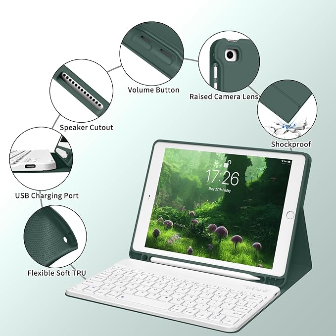 kenke for iPad 6/5th Generation Case with Keyboard 9.7 Inch 2018/2017 iPad Air 2/1 Detachable Wireless Bluetooth iPad Keyboard Case with Built-in Left Side Pencil Holder Auto Wake/Sleep(Dark Green)