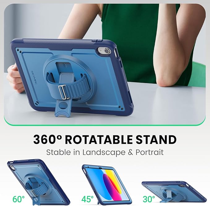 SEYMAC for iPad (A16) 11th/10th Generation Case 2025/2022 (11″/10.9″) Full-Body Shockproof Protective Case with Screen Protector Rotating Stand Hand/Shoulder Strap Navy Blue
