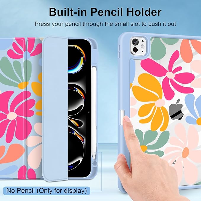 MecBevia Case for iPad Pro 11 inch M5 2025 / M4 2024 (6th/5th Gen) A3357 A3358 A3359 A2836 A2837 A3006 – Built-in Pencil Holder &amp Auto Wake/Sleep ColorfulFlowers