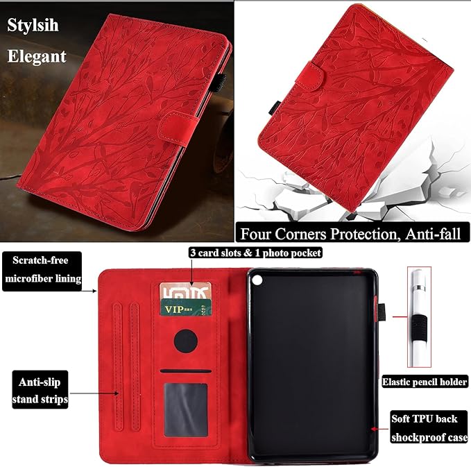 for Amazon Kindle Fire HD 8 &amp Fire HD 8 Plus Case (12th/10th Generation 2024/2022/2020) 8 UUcovers Embossed Magneic Smart Cover with Stand/Pencil Holder [Auto Sleep/Wake] Red Lucky Tree