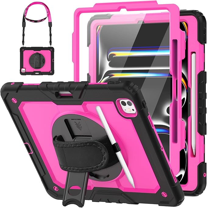 HXCASEAC for iPad Pro 13 Inch Case (M5/M4) 2025/2024 Shockproof Design with Pencil Holder Protector Rotating Stand Hand Strap Heavy Duty Protective iPad Pro13 Cover A3360 A3361 A2925 A2926 Rose