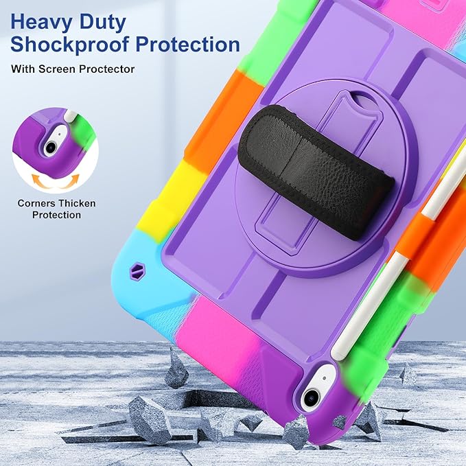 for iPad (A16) 11th Generation case11''(2025)/10th Generation case 10.9'' (2022)360°Rotatable Stand with [Screen Protector&ampPencil Holder&ampShoulder Strap] Shockproof Case (Colorful Purple)