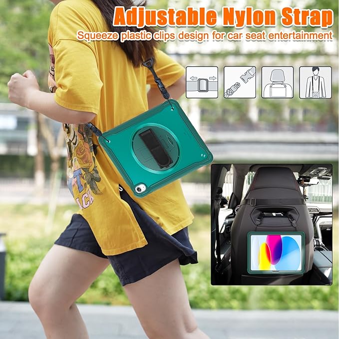 Case for iPad (A16) 11th/10th Generation 2025/2022 11/10.9 inch Rugged Shockproof Protective Cover with Screen Protector 360° Rotating Hand Strap&ampStand Pencil Holder Green