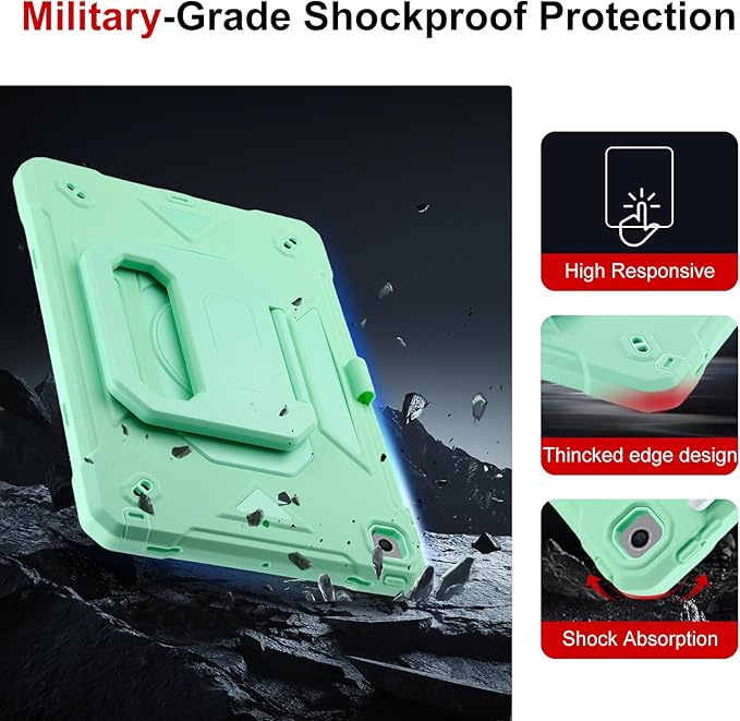 Case for iPad 9th Generation (2021) /iPad 8th Gen (2020)/iPad 7th Gen (2019) Military Grade Shockproof iPad Case Built-in 360°Rotating Stand/Pen Slot/Shoulder Strap for iPad 10.2 (Mint)