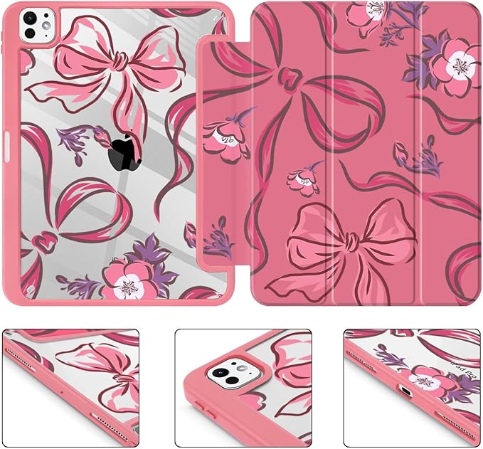 Mektron Case for M5/ M4 iPad Pro 11 inch 2025/2024 with Pencil Holder Compatible Models: A3357/A3358/A3359/A2836/A2837/A3006 Shockproof Cover Clear Shell Flowers-Bows-Red