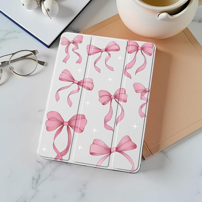Idocolors Cute Pink Bow Case for 11 iPad Pro(2024) Tri-Fold Tablet Case with Auto Wake/Sleep &amp Pencil Holder - Vibrant Protective Cover for Women Girls and Teens White