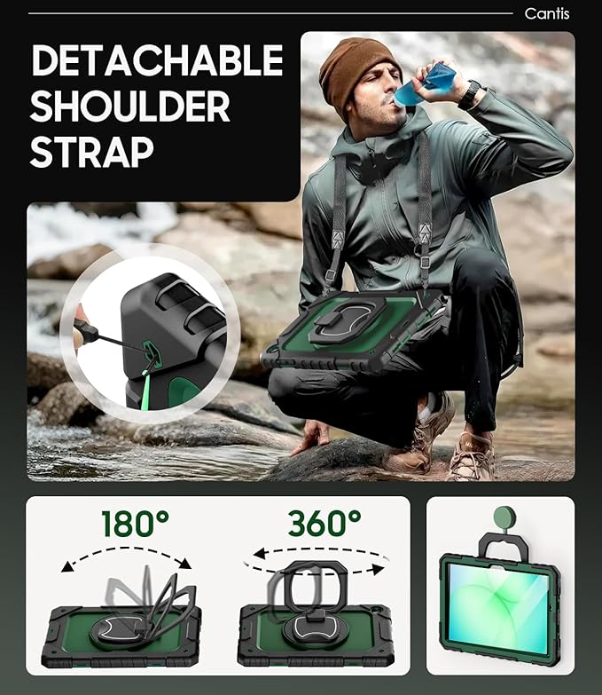 Cantis Case for Samsung Galaxy Tab A11 Plus 11 Inch 2026 (SM-X230/X236/X238) Shockproof Case for Tab A11+ with Screen Protector/Rotating Stand/Pen Holder/Shoulder Strap Black+AlpineGreen