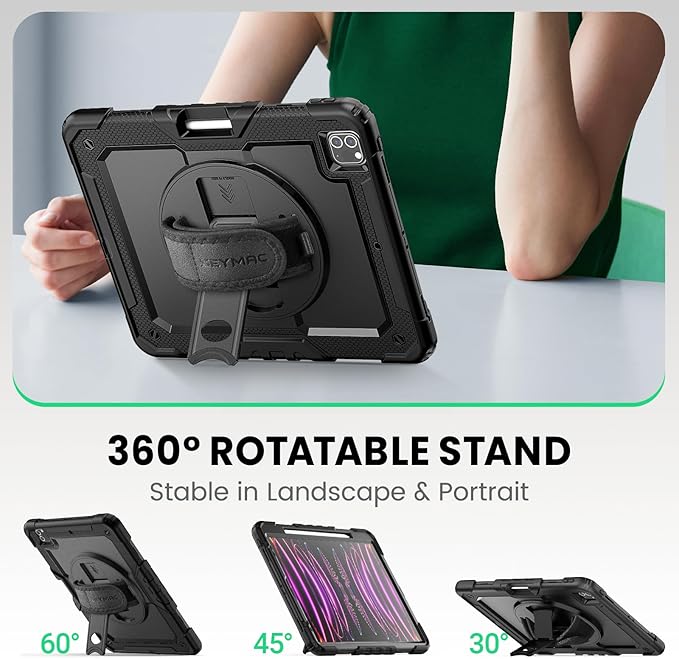 SEYMAC Case for iPad Pro 12.9 2022/2021/ 2020/2018 Heavy Duty Protection Shockproof Case with Screen Protector 360° Rotating Stand/Handle/Shoulder Strap Supports Pencil 2 Charging Black