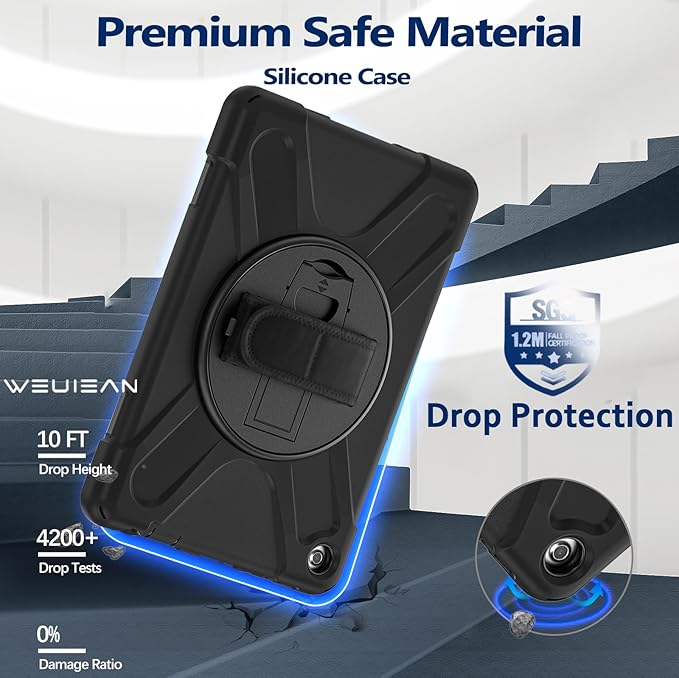 Weuiean Case for 10/10 Plus 13th Generation 10.1 2023 Military-Grade Heavy-Duty Shockproof Cover with 360° Rotating Stand Built-in Pencil Holder &amp Adjustable Hand/Shoulder Strap - Black