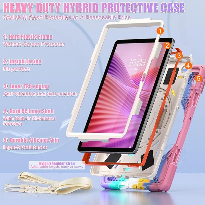Tablet Case Compatible with Lenovo Tab 10.1(TB-311XU) /K10C TB311FU 2025 Case Protective Heavy Duty Rugged Shockproof Drop Protection Cover Shoulder Strap for Kids Silicone Cover(Pink c)