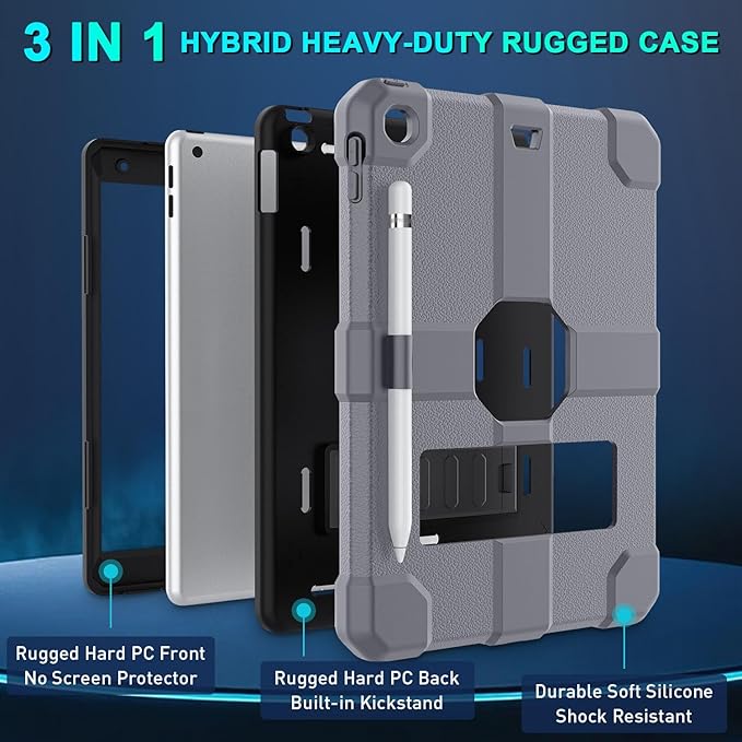 Case for iPad 9th/8th/7th Generation 2021/2020/2019(10.2 inch) Heavy Duty Shockproof Rugged Protective 10.2 Cover with Built-in Stand for iPad 9 8 7 Gen(Black+Gray)