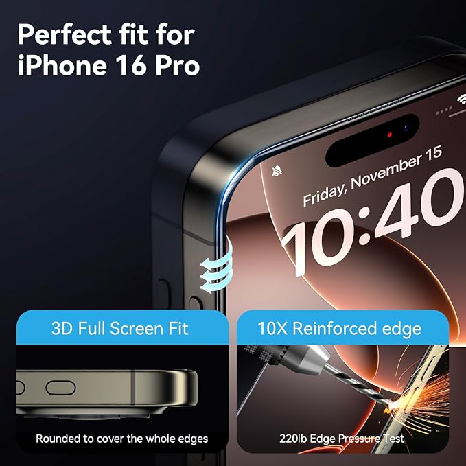 X-it 3-Pack HD Privacy Screen Protector for iPhone 16 Pro (6.3) 9H+ Tempered Glass Auto-Dust Removal Military Grade Protection Bubble-Free Full Coverage Case Friendly