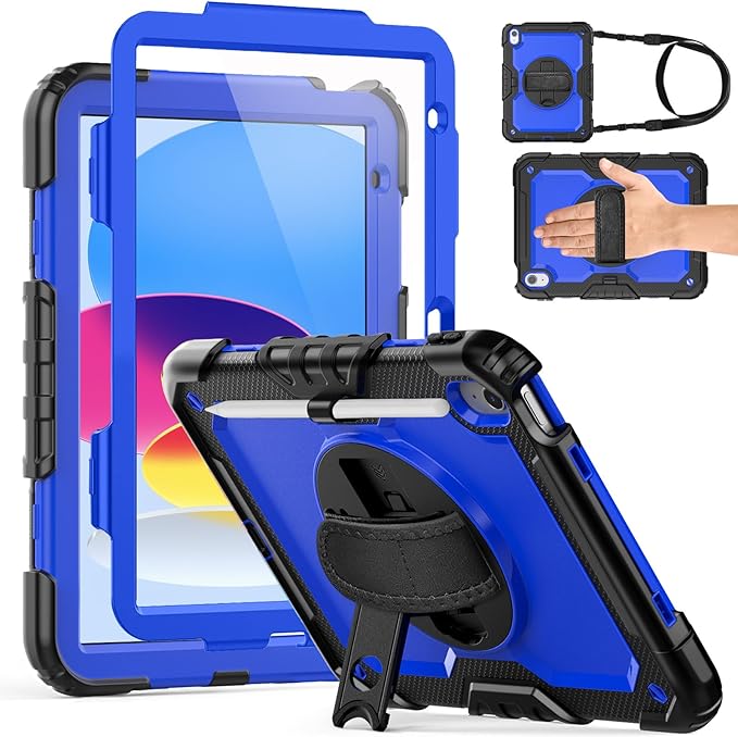Weuiean Case for iPad A16 11th/10th Generation 11/10.9 Military-Grade Heavy-Duty Shockproof Cover with 360° Rotating Stand Built-in Pencil Holder &amp Adjustable Hand/Shoulder Strap - Blue+Black