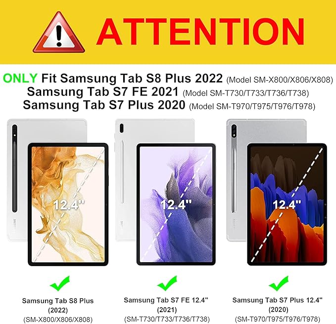 12.4 Inch Case for Samsung Galaxy Tab S8 Plus/S8+ 2022/S7 FE 2021/Tab S7 Plus/S7+ 2020 (SM-X800/T730/T970) with S Pen Holder &amp [Auto Wake/Sleep] Premium PU Leather Folding Stand Cover Black