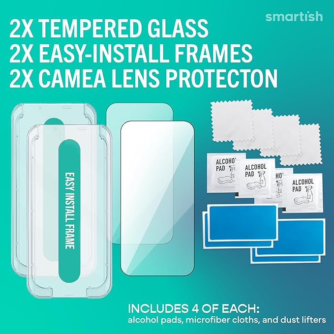 Smartish® iPhone 17 Pro Screen Protector + Camera Lens Covers - Tuff Sheet - 2-Pack Tempered Glass 9H Easy Install Frame Case-Friendly - Dynamic Island for Apple iPhone 17 Pro - Clear 2-Pack