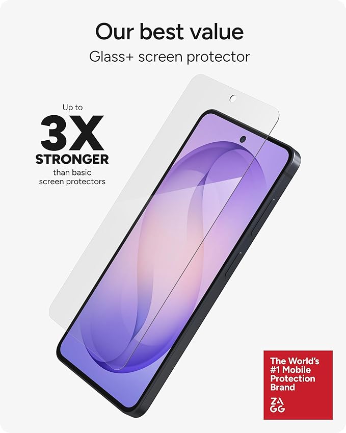 ZAGG Glass+ Samsung Galaxy S26 Screen Protector - Impact &amp Shatter Protection 3x Stronger Tempered Glass Fingerprint Scanner Compatible Scratch Resistant InvisibleShield Easy Installation