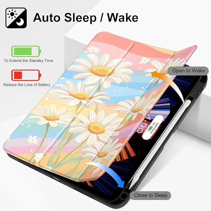 Mektron Case for iPad Air 11 inch (M4 2026 8th /M3 2025 7th /M2 2024 6th) Compatible with iPad Air 10.9 (2022 5th Gen /2020 4th Gen) Tablet Cover Buit in Pencil Holder Colorful Daisy