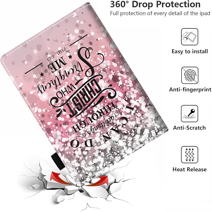 Case for Amazon Kindle Fire 7 Tablet (7 Display 9th/7th Generation 2019/2017 Release) - PU Leather Folio Case with Smart Auto Wake/Sleep Pink Background Quote Bible Verse Phil 4:13